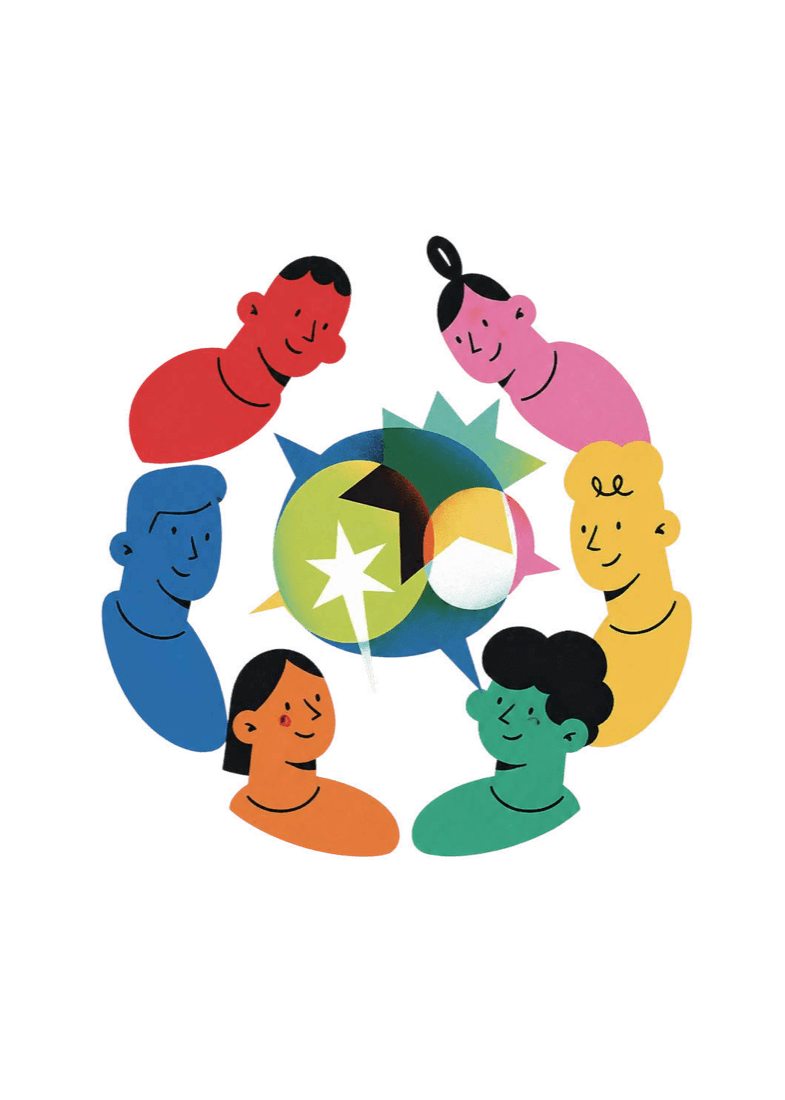 A circle of diverse faces around a shared spark
