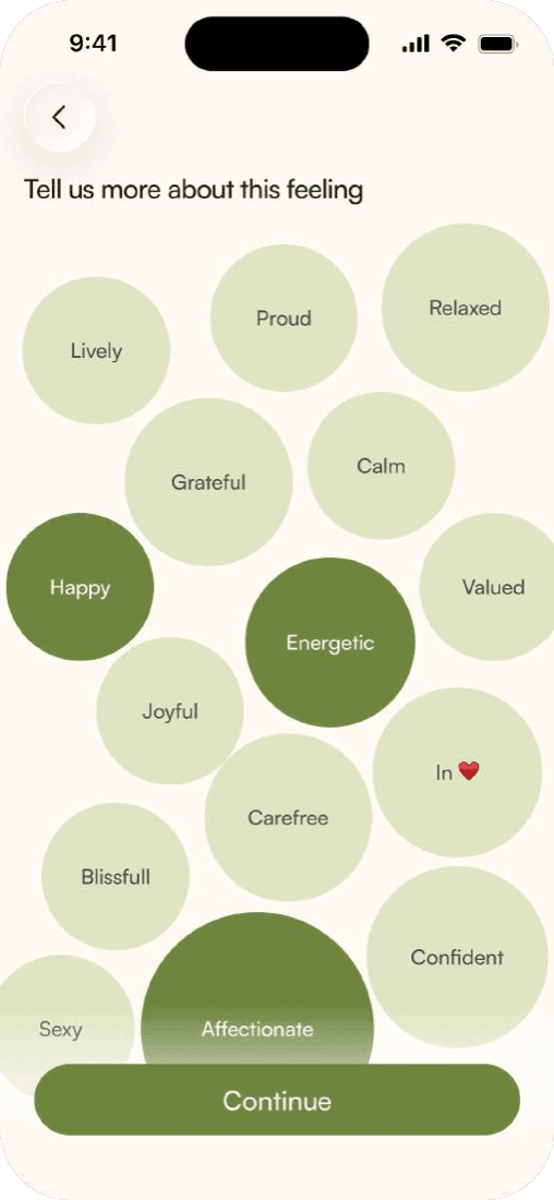 Emotion picker screen with floating feeling bubbles