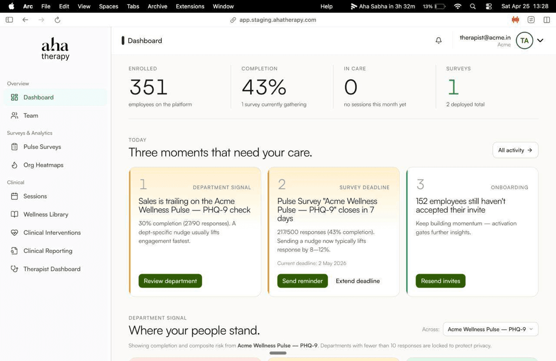 The Aha HR dashboard showing department signals and survey deadlines