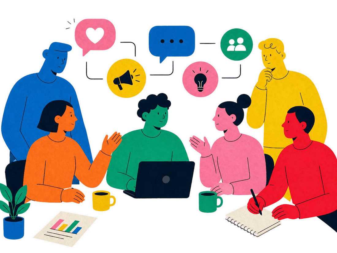 A team collaborating around a laptop with speech bubbles above