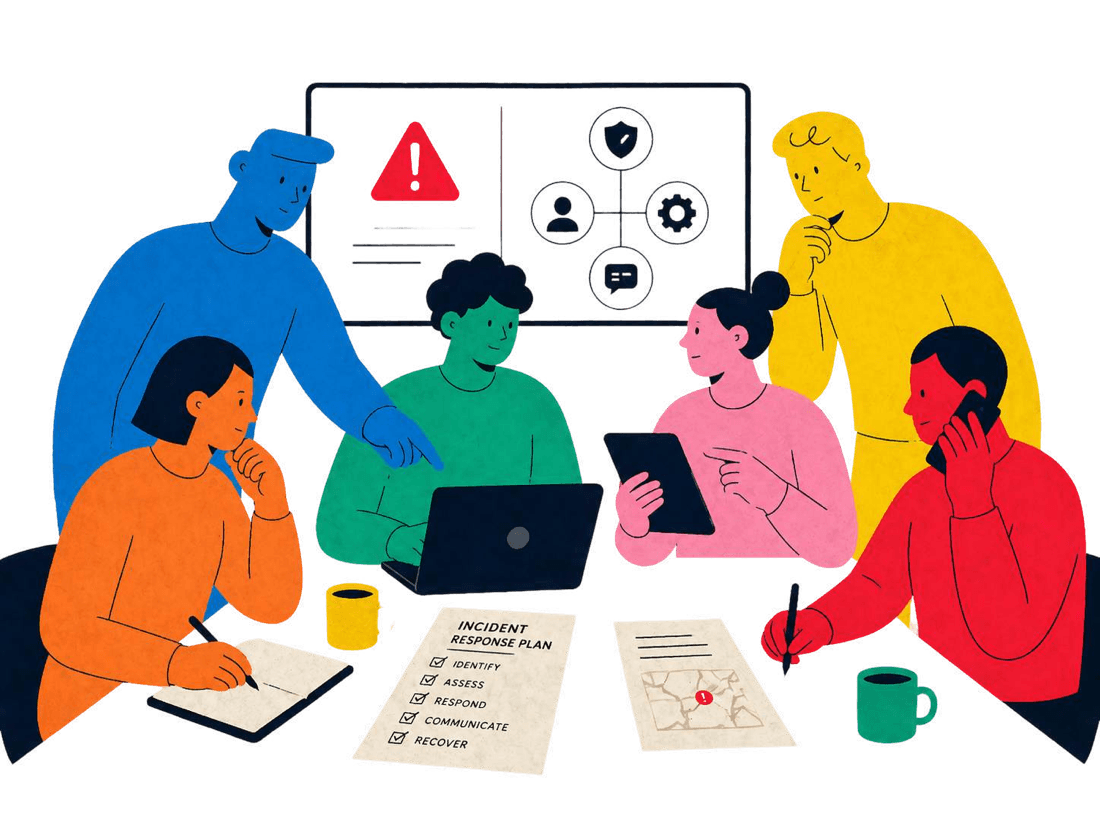 A team working through an incident response plan around a table