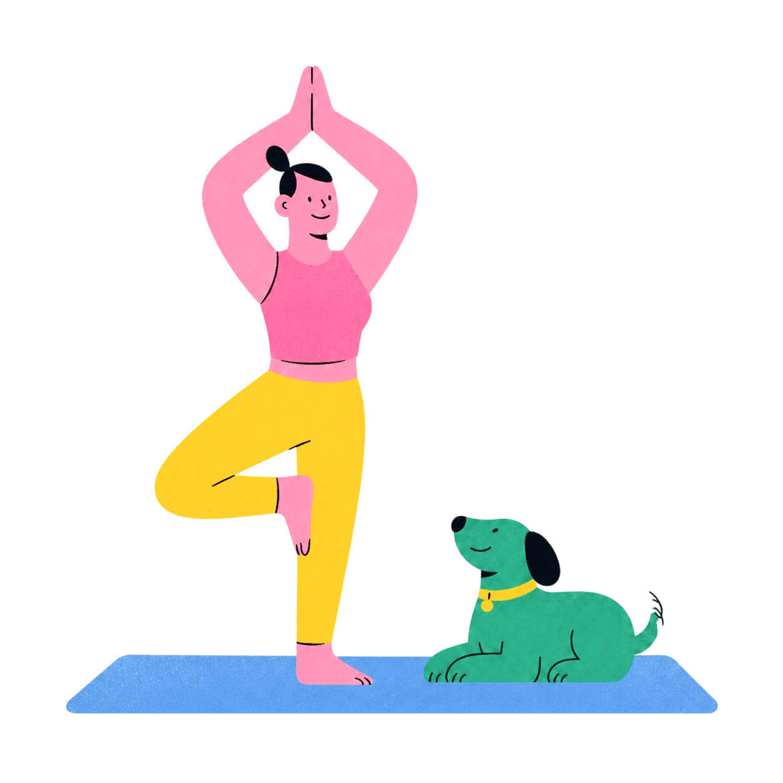 A person doing a yoga tree pose beside their dog