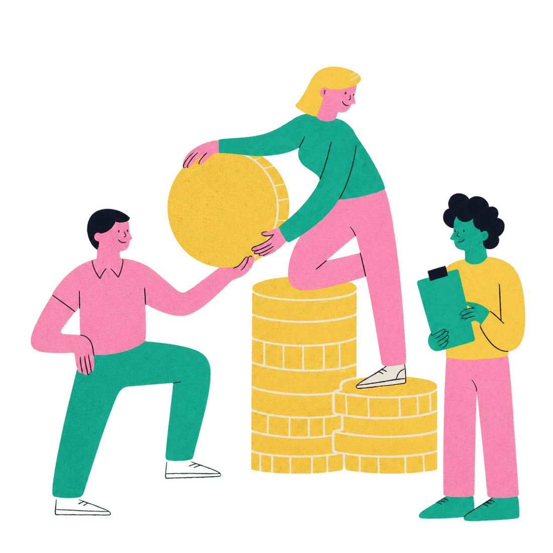 Colleagues stacking oversized coins together