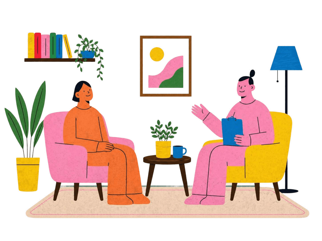 A psychiatrist and client in a calm consulting room