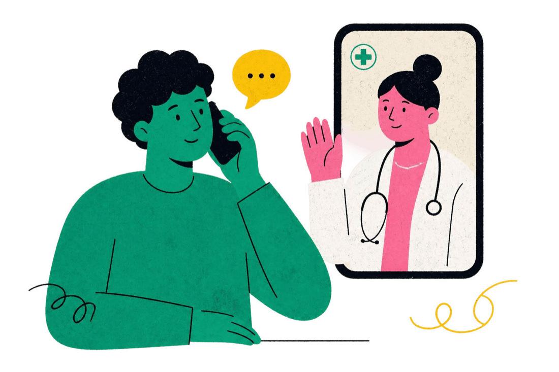 A person on a phone call with a clinician on screen