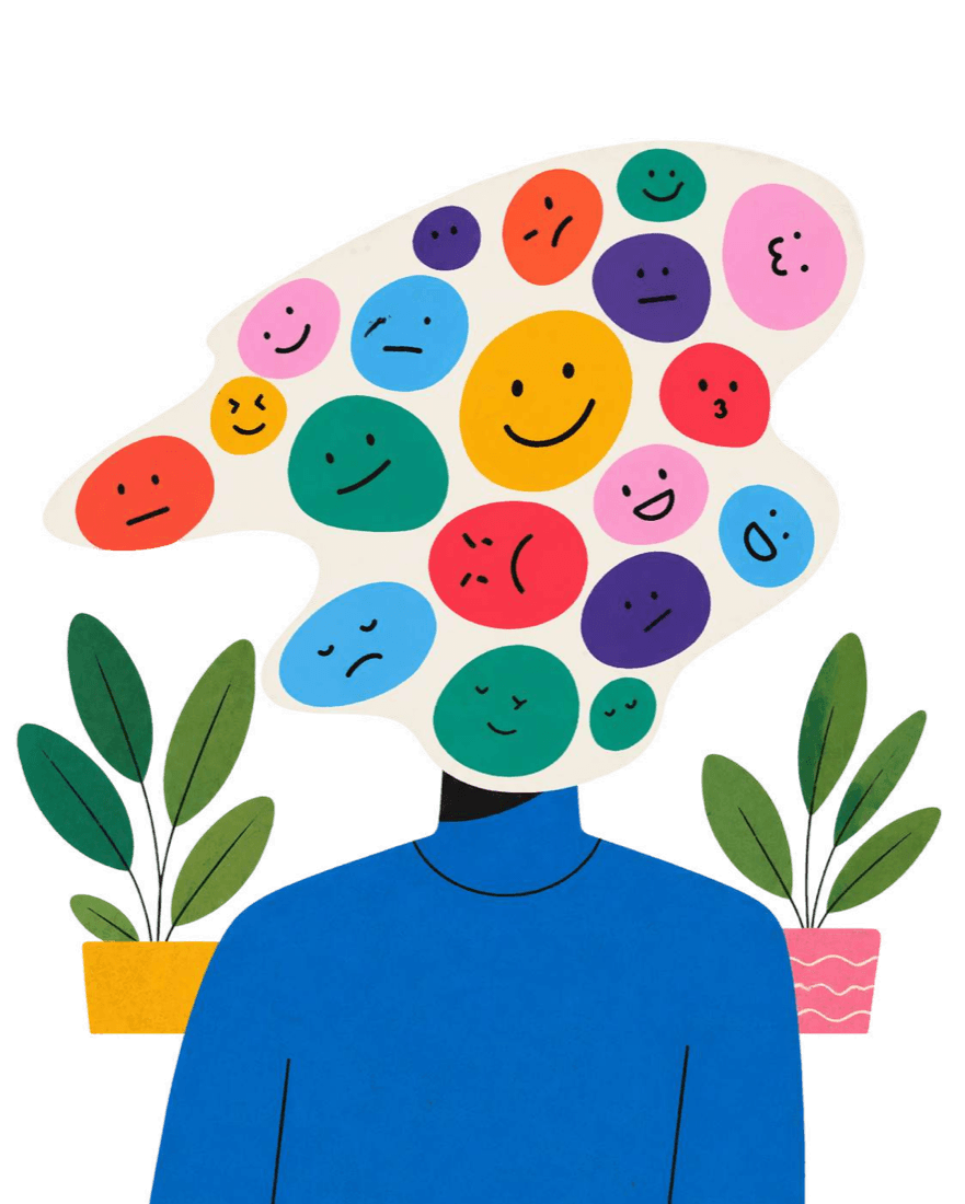 A person whose head is made of many small faces showing different emotions