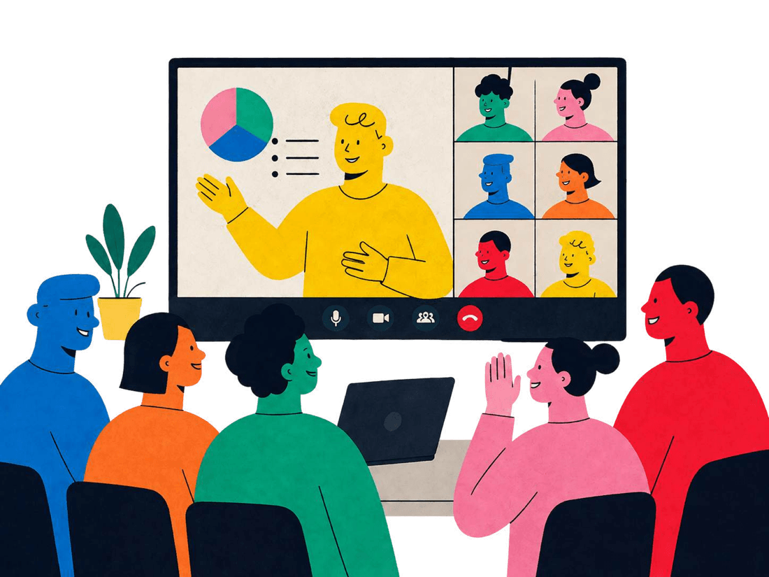 A team attending a webinar together on a large screen